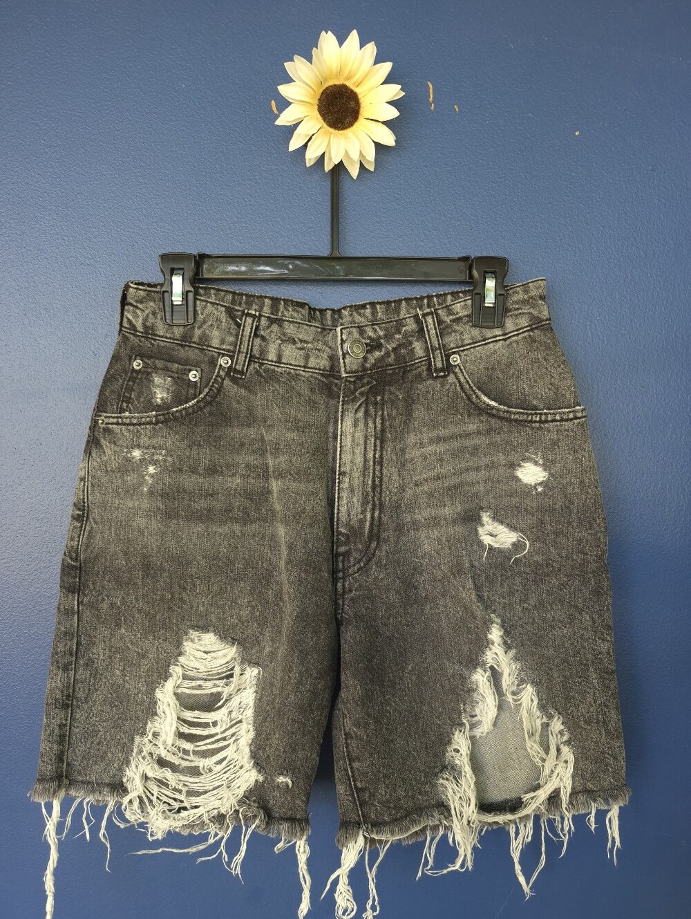 Charcoal Black Distressed Mid Rise Bermuda Jean Shorts